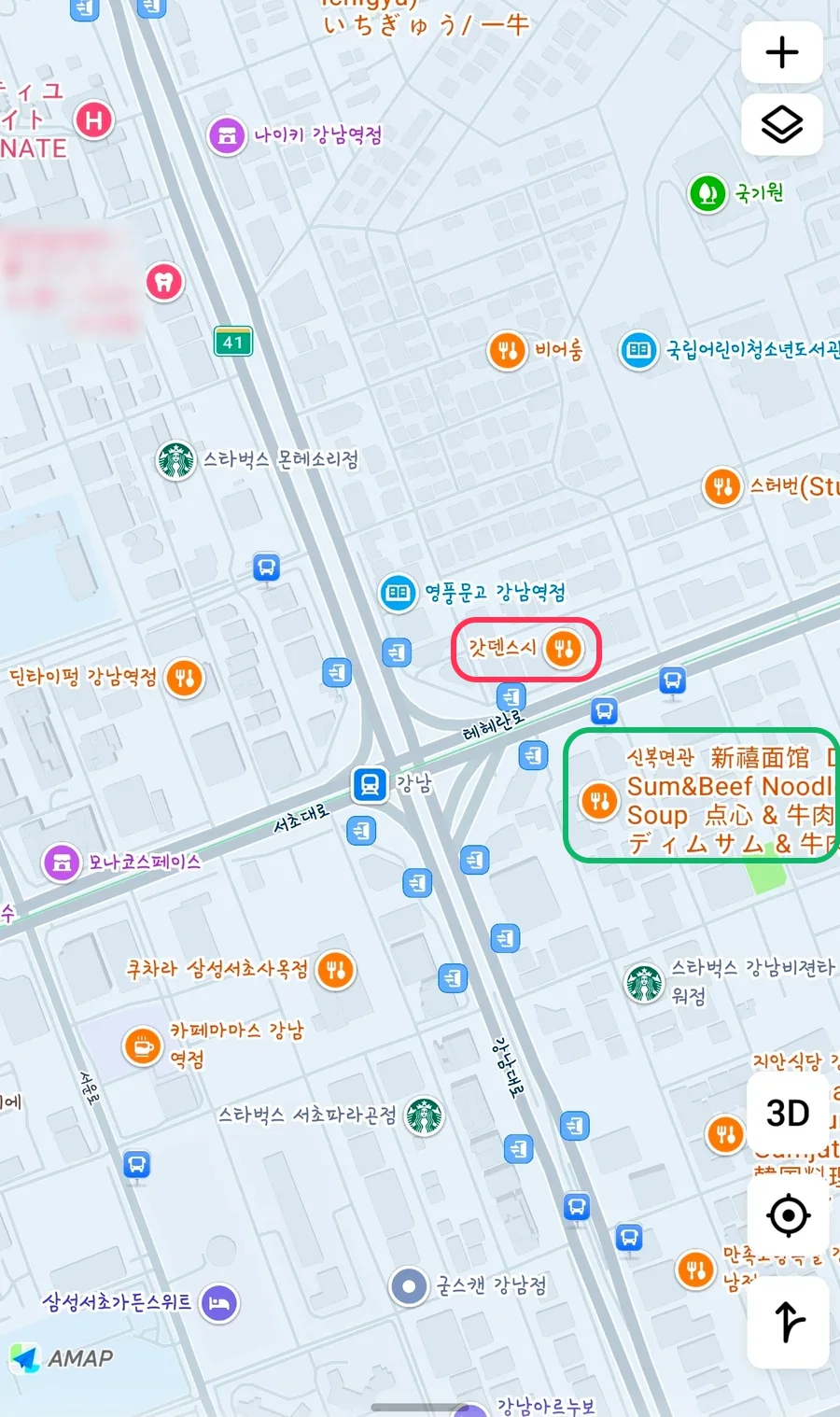 高德地图上显示的江南站一带门店画面